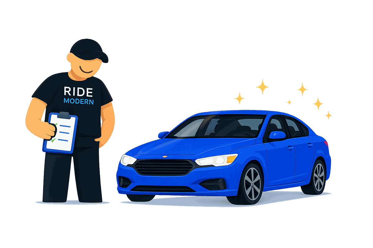 A Ride Modern technician with an inspection checklist beside a cleanly finished blue sedan